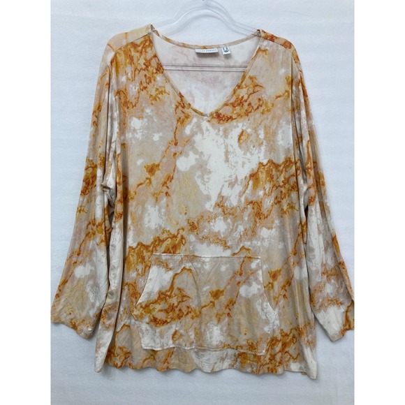 Susan Graver Tops - Susan Graver Tunic Size 2X Orange Marble V-Neck Kangaroo Pocket Liquid Knit